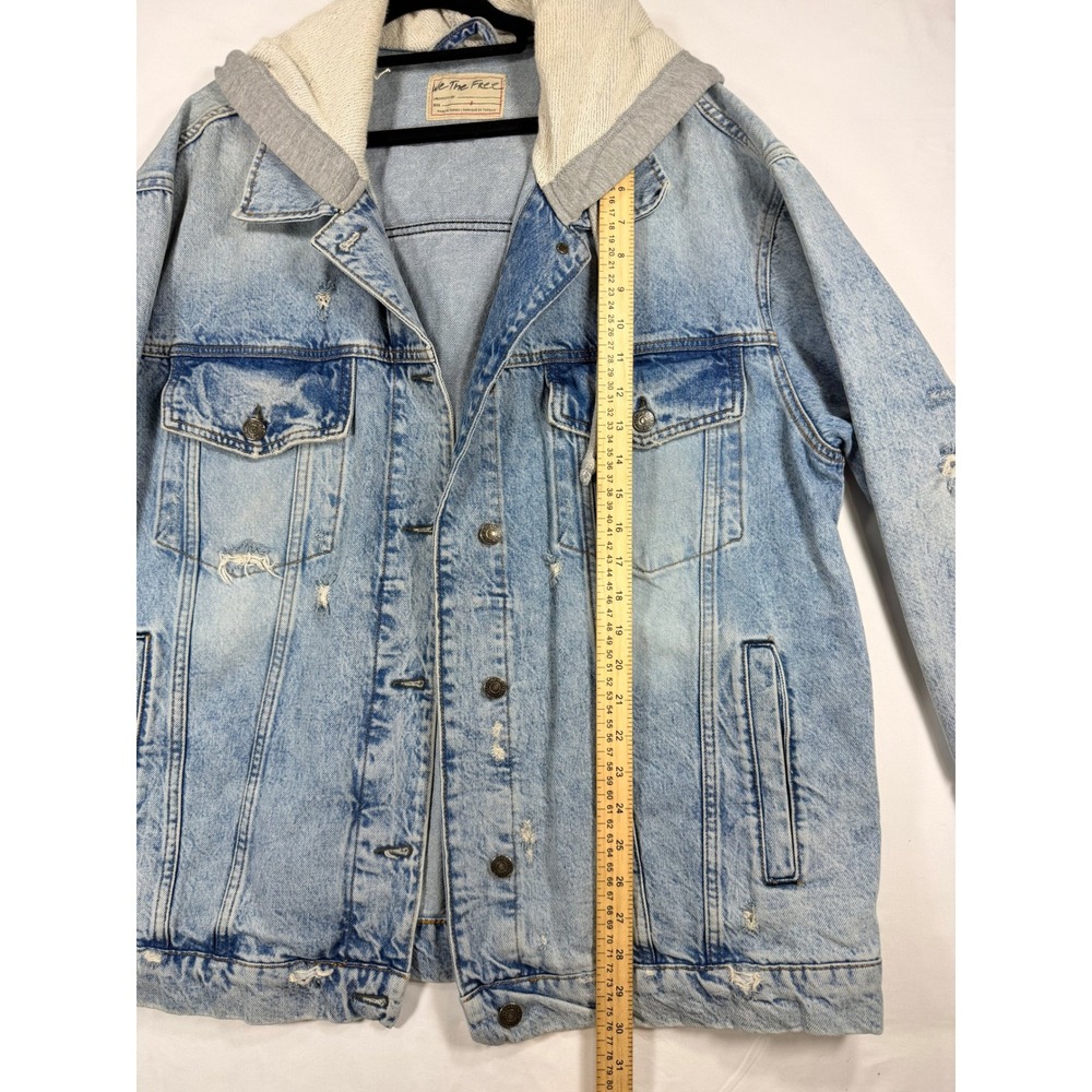 We The Free Denim Jacket Women L Blue Distressed Hooded Oversized OB622 - Picture 3 of 7
